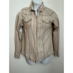 Sherry Cervi Western Shirt Long Sleeve Button Up Fringe Beige Stripe Women L